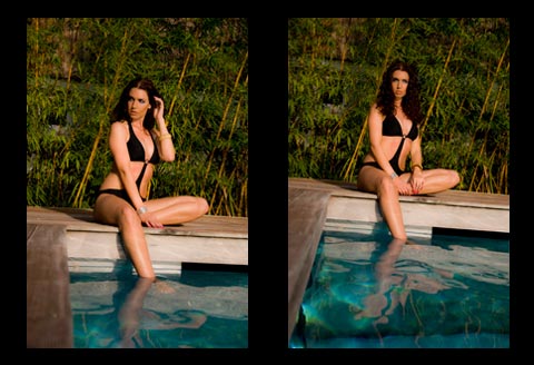 Fotobuch Palmengarten - Brünette junge Frau sitzt im schwarzen Tankini am Pool