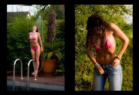 Fotobuch Palmengarten - Brünette junge Frau duscht im pinkfarbenen Bikini am Pool